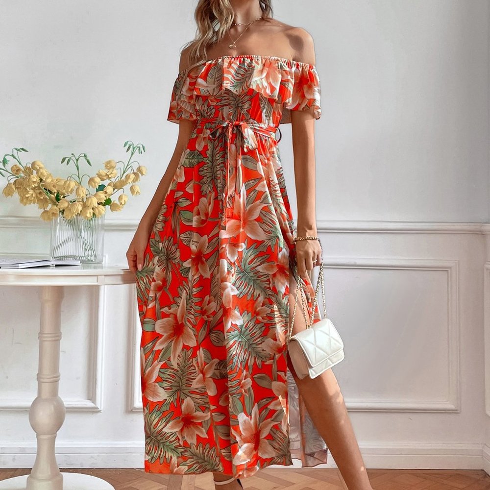 New Floral Print Split Hem Dress Red